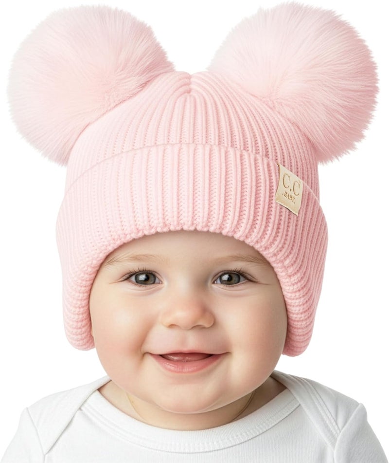 Funky Junque Double Pom Pom Baby Beanie – Newborn Girl Winter Hat 0–12 Months, Cute Cozy Knit Infant Beanies for Cold Weather - Image 1